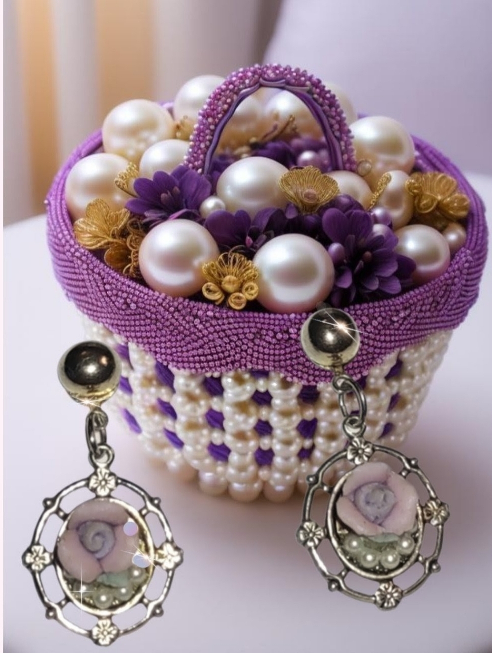 Porcelain and Pearls Vintage Goldtone Earrings